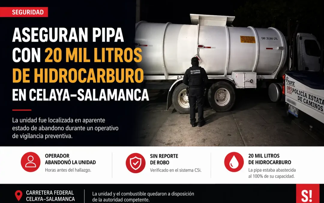 Aseguran pipa con 20 mil litros de hidrocarburo en carretera Celaya–Salamanca